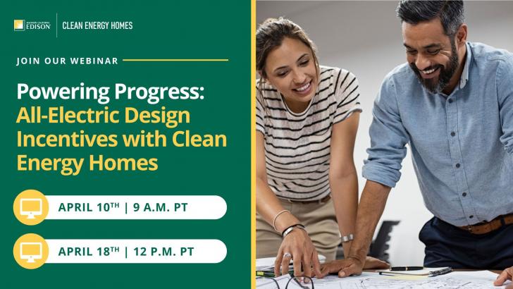 Image of two architects drafting a building sign, To the left is the logo for the Clean Energy Homes program with the webinar title and dates