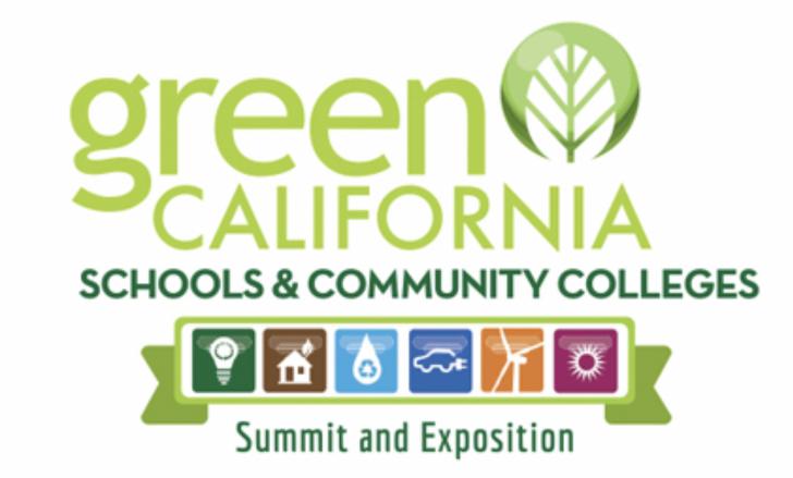 Banner with logo, it says  Green California Schools and Community College Summit and Exposition, October 18th 2022. California - Leading the way for Decarbonization