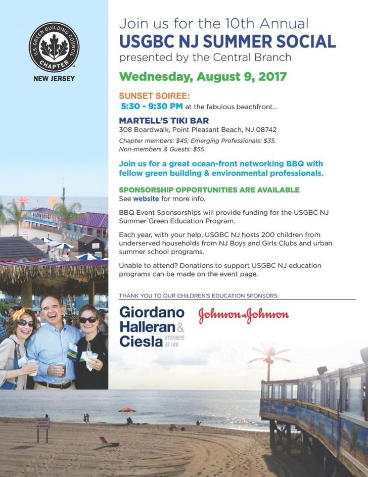 10th Annual USGBC NJ Summer Social, August 9 in Point Pleasant Beach NJ 
