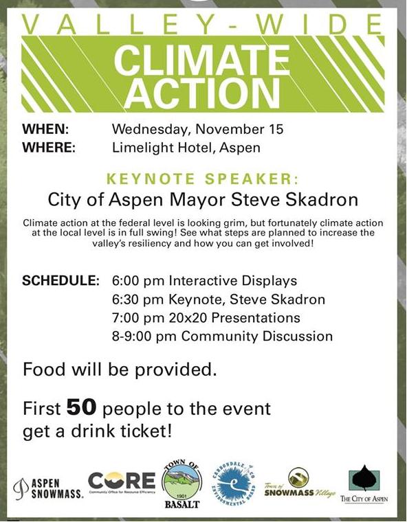  Roaring Fork Climate Action, Nov 15, 6-9pm, Aspen, Colorado